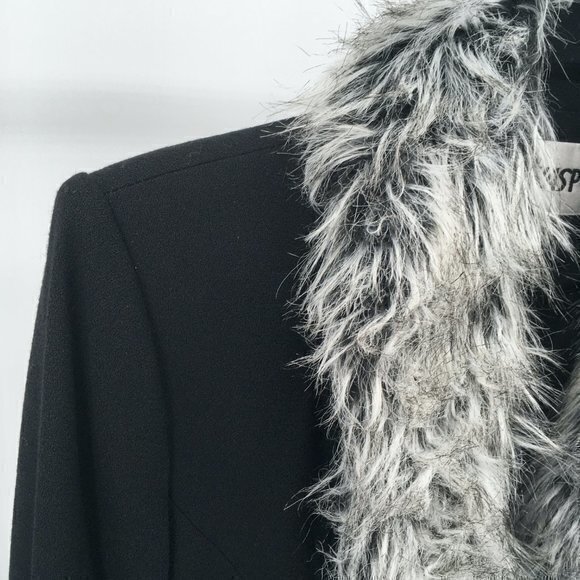 VTG Kasper 100% Wool Removeable Faux Fur Collar Blazer/Light Jacket 12 Black/Tan - Picture 5 of 16